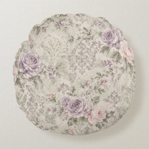 Vintage Shabby Chic Pink and Lavender Roses Lumbar Round Pillow