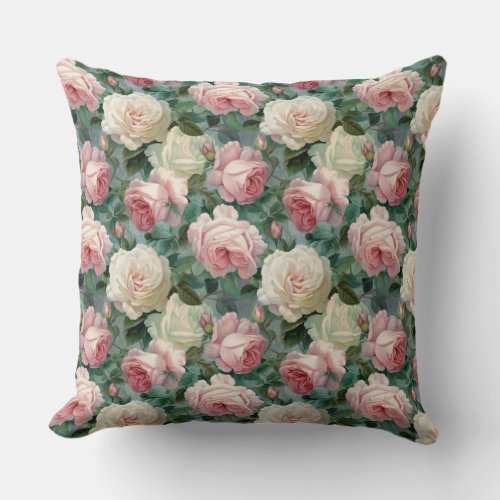 Vintage shabby chic pink and white English roses Throw Pillow