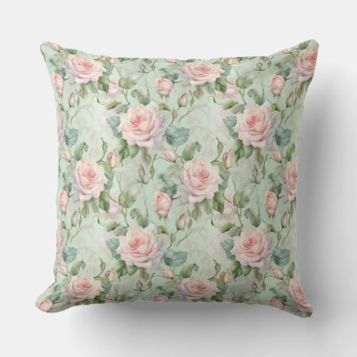 Vintage shabby chic pink and white English roses Throw Pillow