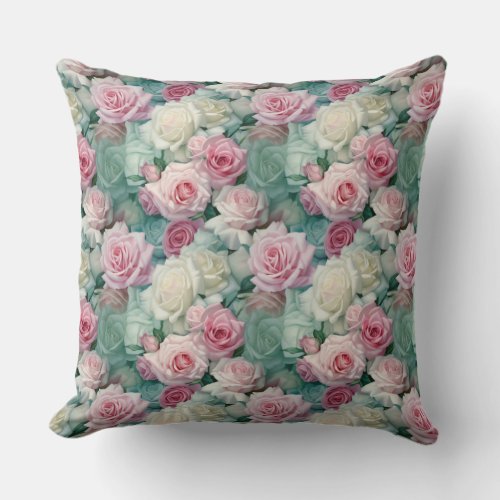 Vintage shabby chic pink and white French roses Throw Pillow