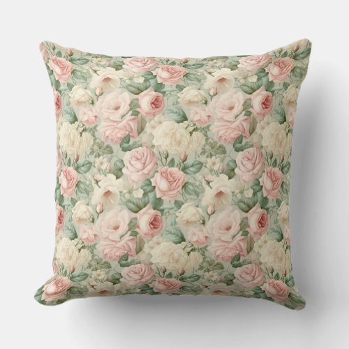 Vintage shabby chic pink and white roses greenery throw pillow