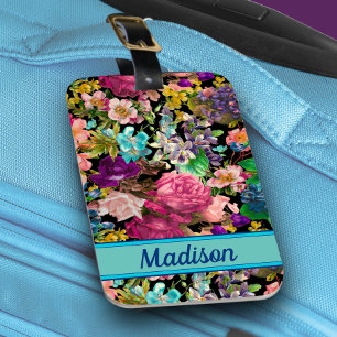 Vintage Shabby Chic Pink Black Roses Pattern Luggage Tag
