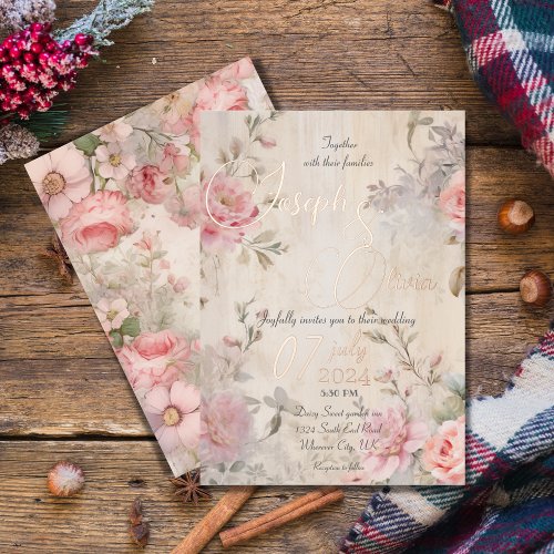 Vintage shabby chic pink floral wedding foil invitation