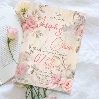 Vintage shabby chic pink floral wedding invitation