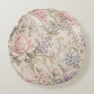 Vintage Shabby Chic Pink Peony Rose Floral Round Pillow
