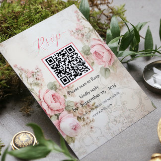vintage shabby chic pink qr code wedding RSVP card