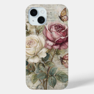 Vintage Shabby Chic Pink Rose and Butterfly iPhone 15 Case