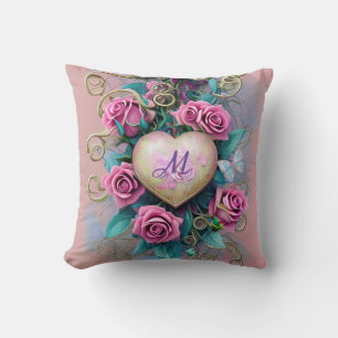 Vintage Shabby Chic Pink Rose and Heart Throw Pillow