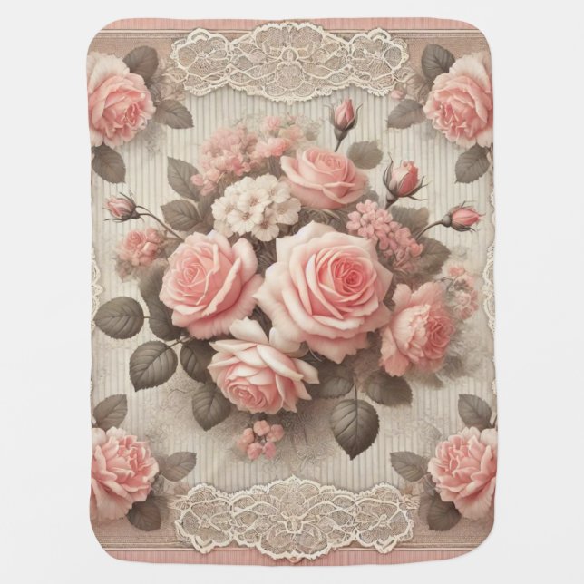 Vintage Shabby Chic Pink Rose Floral Baby Blanket (Front)