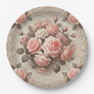 Vintage Shabby Chic Pink Rose Floral Paper Plates