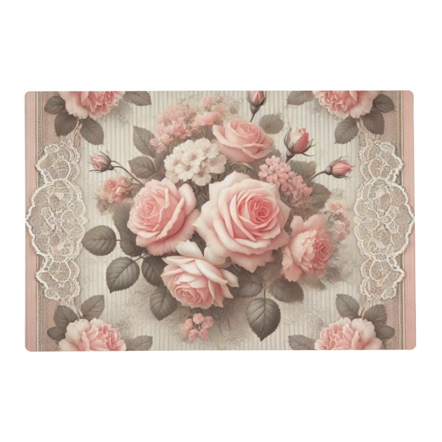 Vintage Shabby Chic Pink Rose Floral Placemat (Front)