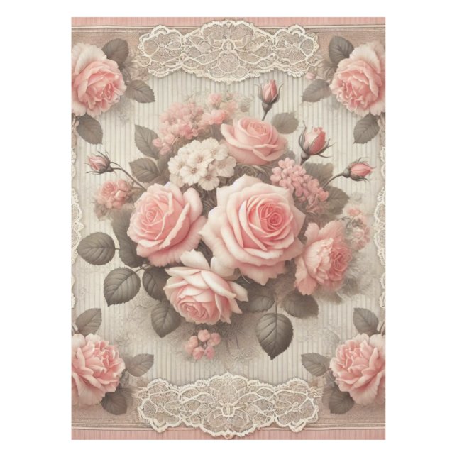 Vintage Shabby Chic Pink Rose Floral Tablecloth (Front)