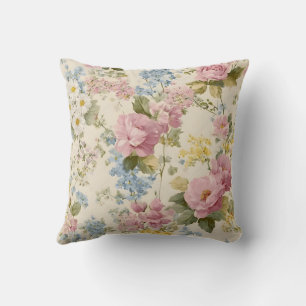 Vintage Shabby Chic Pink Roses and Wildflowers Throw Pillow