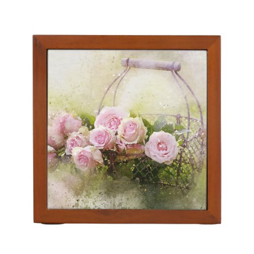 Vintage Shabby Chic Pink Roses In Basket Desk Organizer