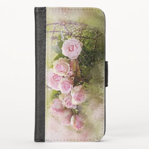 Vintage Shabby Chic Pink Roses In Basket iPhone X Wallet Case