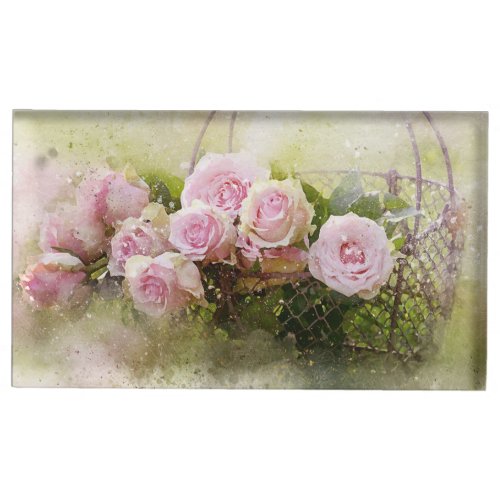 Vintage Shabby Chic Pink Roses In Basket Place Card Holder