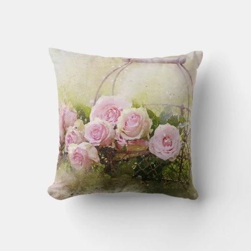 Vintage Shabby Chic Pink Roses In Basket Throw Pillow