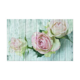 Vintage Shabby Chic Pink Roses On Blue Wood Canvas Print