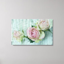 Vintage Shabby Chic Pink Roses On Blue Wood Canvas Print