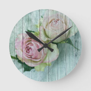 Vintage Shabby Chic Pink Roses On Blue Wood Round Clock