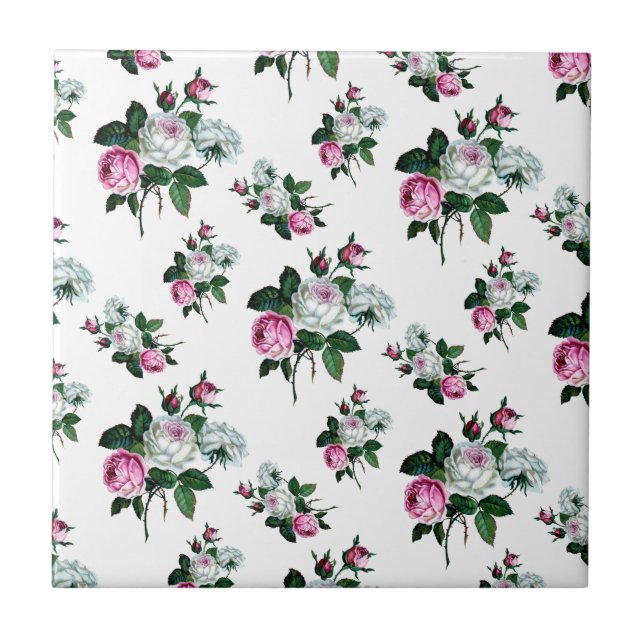 Vintage Shabby Chic Pink White Roses Pattern Tile (Front)