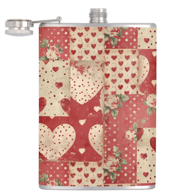 Vintage Shabby Chic Red Patchwork Pattern Flask (Opened)