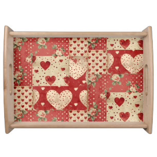 Vintage Shabby Chic Red Patchwork Pattern Serving Tray