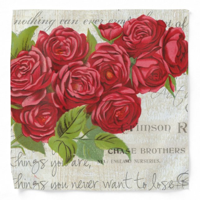 Vintage Shabby Chic Red Roses Antique Script    Bandana (Front)