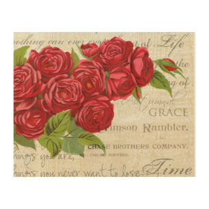 Vintage Shabby Chic Red Roses Antique Script Wood Wall Art