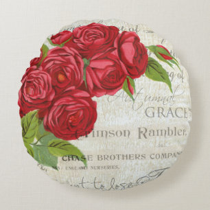 Vintage Shabby Chic Red Roses On Antique Script  Round Pillow