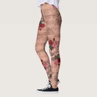 Vintage  Shabby Chic Rose Floral Sheet Music Leggings