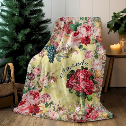 Vintage shabby chic roses and vase yellow fleece blanket
