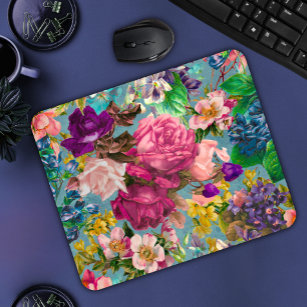 Vintage shabby chic roses blue pink pattern mouse pad