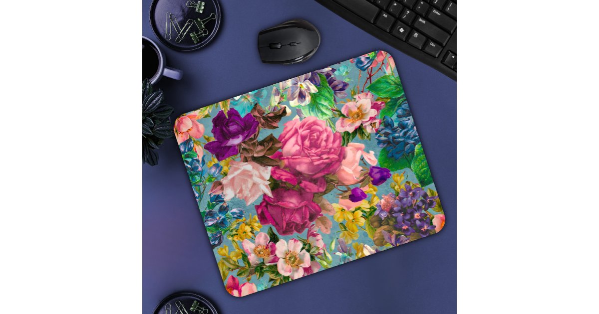 Vintage shabby chic roses blue pink pattern mouse pad | Zazzle