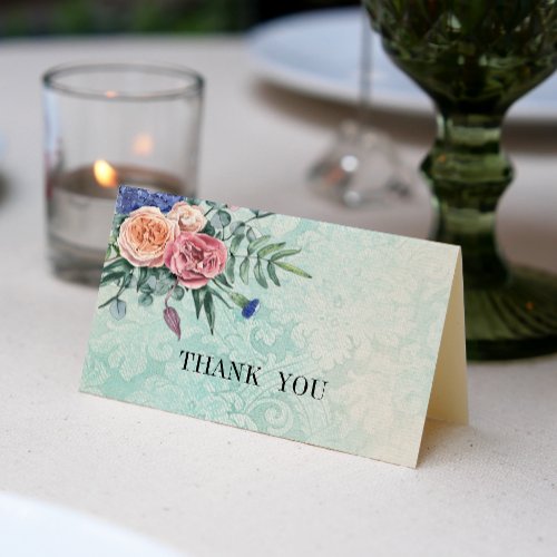 Vintage Shabby Chic Roses Green Damask Wedding Thank You Card