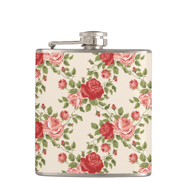 Vintage Shabby Chic Roses Pattern Flask (Front)