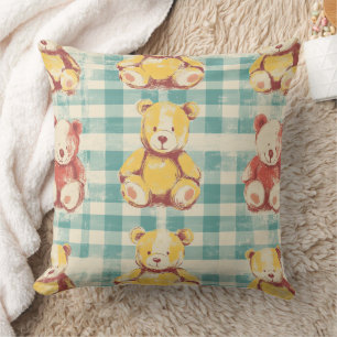 Vintage Shabby Chic Teddy Bear Gingham Pattern (3) Throw Pillow