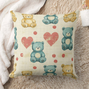 Vintage Shabby Chic Teddy Bear Gingham Pattern Throw Pillow