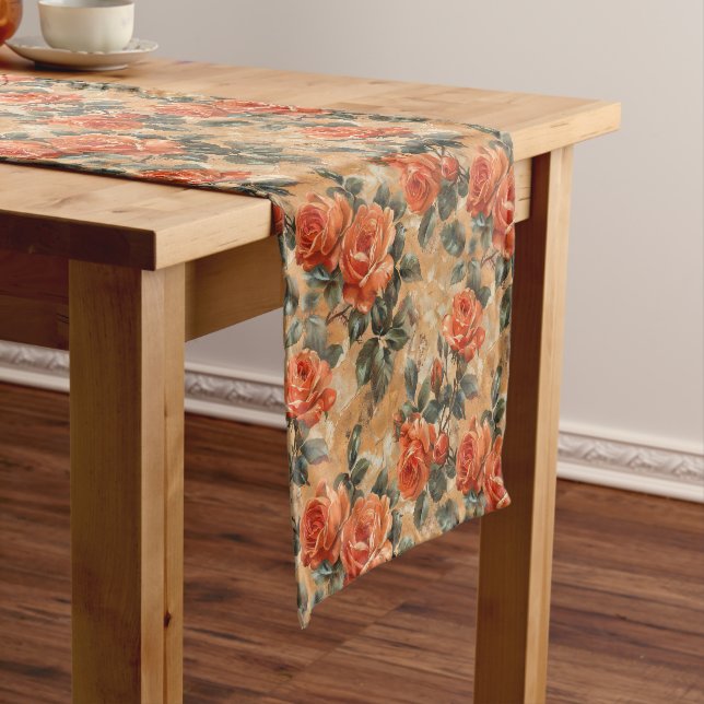 Vintage shabby chic terracotta English roses sage  Short Table Runner (In Situ)