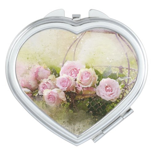 Vintage Shabby Chic Watercolour Pink Roses Compact Mirror
