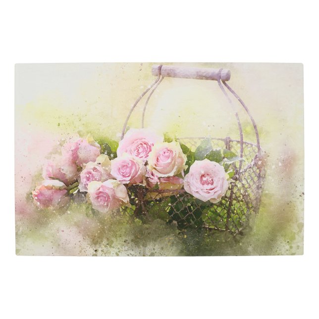 Vintage Shabby Chic Watercolour Pink Roses Metal Print (Front)