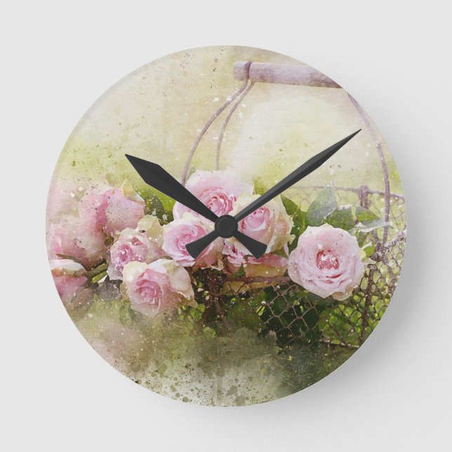 Vintage Shabby Chic Watercolour Pink Roses Round Clock (Front)