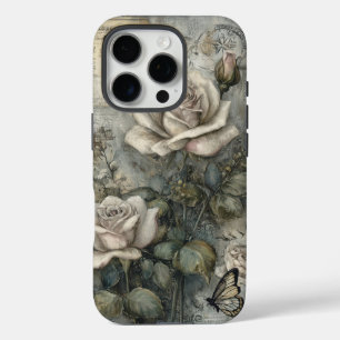 Vintage Shabby Chic White Rose and Butterfly iPhone 16 Pro Case