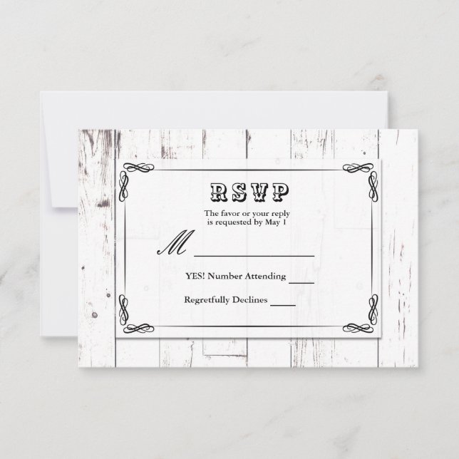 Vintage Shabby Chic White Wood Barn Wedding RSVP (Front)