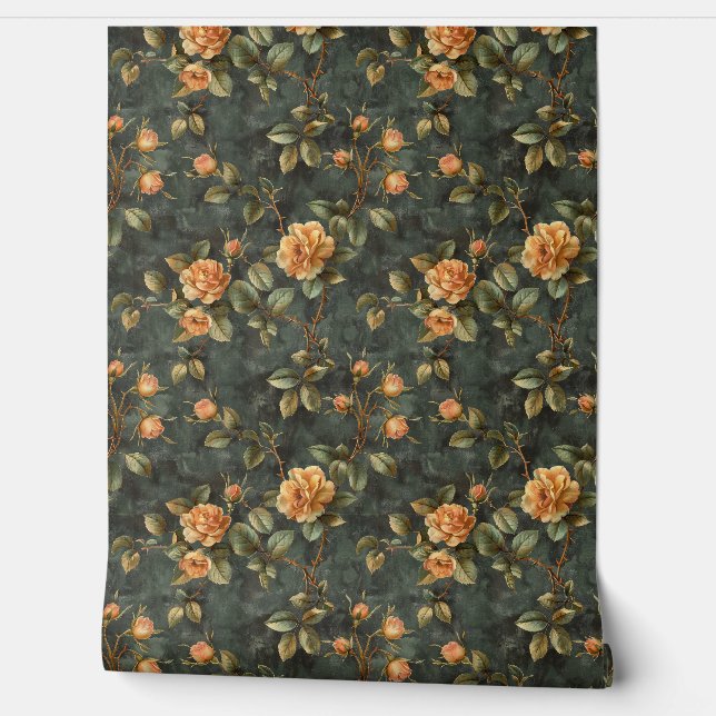 Vintage shabby chic yellow orange French roses Wallpaper (Unrolling)
