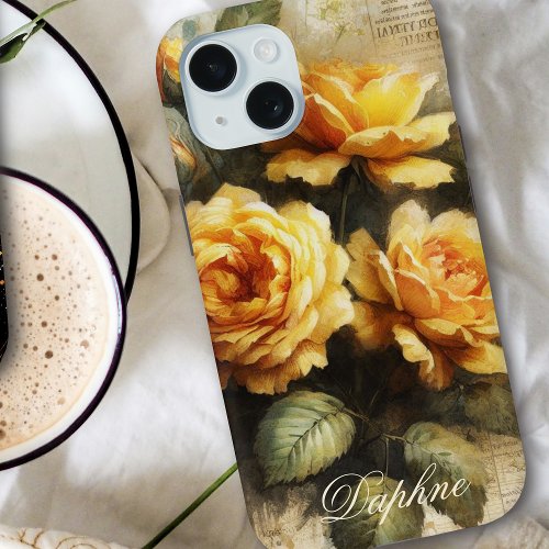 Vintage Shabby Chic Yellow Rose Custom Name iPhone 15 Case