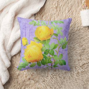 Vintage Shabby Chic Yellow Roses On Lilac Throw Pillow