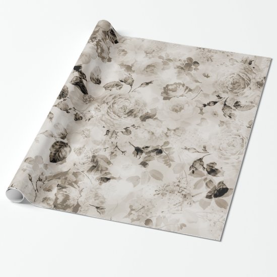 Vintage shabby elegant white gray roses floral wrapping paper