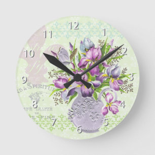 Vintage Shabby Purple Flowers Whimsical Green Round Clock