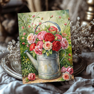 Vintage shabby red roses bouquet in metal can tissue paper